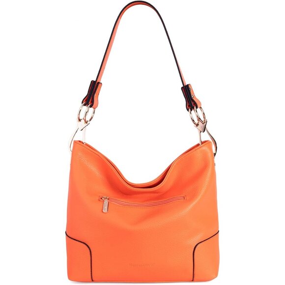 Women's Orange Top Wide Handle Elegant Stylish Satchel Bucket Shoulder Hobo Bag - Picture 6 of 9